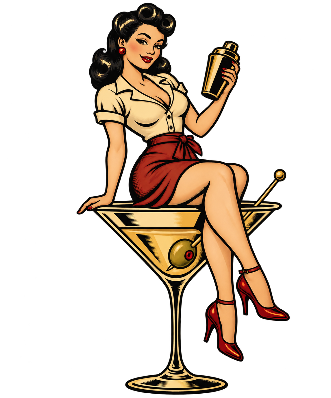 Mascote DrinksDiary: pin-up com shaker e taça Martini
